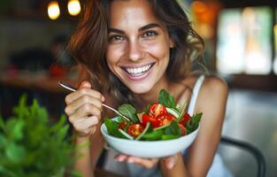 ai generato giovane donna mangiare salutare insalata nel ristorante foto