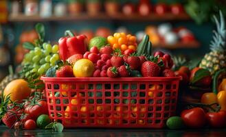 ai generato fresco frutta e verdure nel shopping cestino su buio sfondo foto