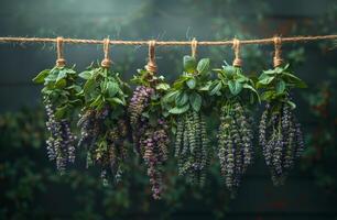 ai generato fresco erbe aromatiche e fiori sospeso per asciutto nel il giardino. naturale medicinale. foto