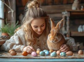 ai generato ragazza e coniglio nel accogliente atmosfera con Pasqua uova foto