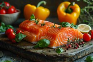 ai generato crudo salmone filetto e colorato campana peperoni su di legno taglio tavola foto