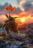 ai generato bellissimo giallo orchidea cresce nel scarpa su pietra contro il sfondo di tramonto foto