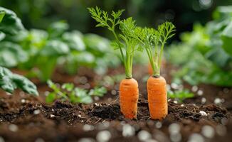 ai generato bambino carote in crescita nel il giardino. un' foto di carote in crescita nel il suolo