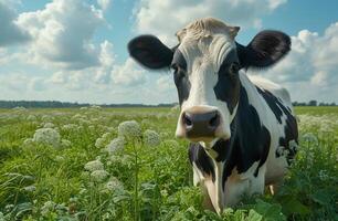 ai generato mucca in piedi nel campo. un' mucca in piedi nel campo a tramonto foto