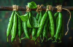 ai generato fresco verde fagioli o baccello fagioli sospeso su corda con verde le foglie e acqua gocce nel verdura giardino foto