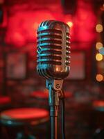 ai generato Vintage ▾ microfono su palcoscenico nel pub foto