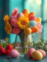 ai generato colorato Pasqua uova e fiori su blu di legno tavolo. un' mazzo di colorato uova nel bicchieri foto