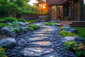 ai generato piccolo fiume corre attraverso il pietre nel il giardino su il sfondo di il Casa illuminato a tramonto foto