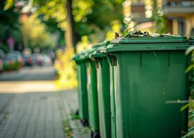 ai generato verde spazzatura bidoni nel riga su il strada foto