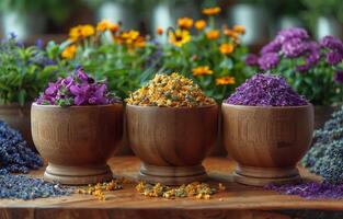 ai generato tre di legno ciotole con secco erbe aromatiche e fiori su tavolo nel davanti di fiore negozio foto