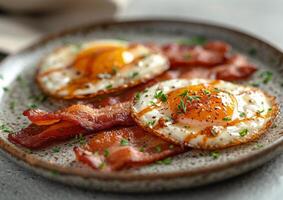 ai generato gustoso prima colazione. fritte uova con Bacon su piatto foto