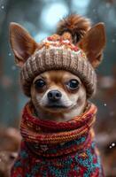 ai generato carino chihuahua cane nel a maglia cappello e sciarpa durante il inverno foto