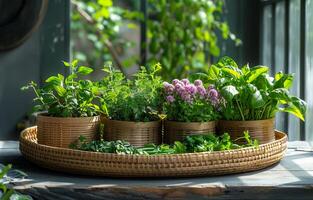 ai generato vario fresco erbe aromatiche e spezie su il balcone foto