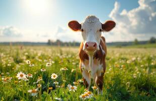 ai generato carino vitello su verde prato. un' mucca è in piedi nel un' verde campo nel il primavera foto