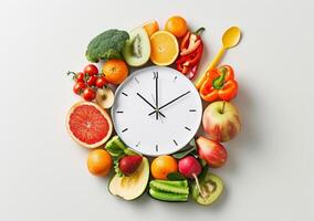 ai generato frutta e verdure in giro orologio foto