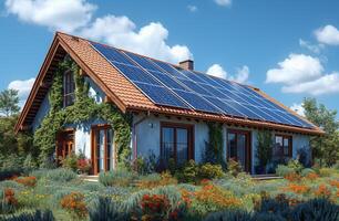 ai generato Casa con solare pannelli su il tetto. fotovoltaico sistema su il tetto foto