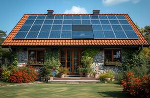 ai generato fotovoltaico sistema su il tetto. solare pannelli su il tetto di il Casa foto