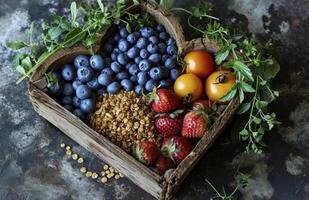 ai generato salutare cibo. fresco frutti di bosco e cereali nel di legno scatola foto