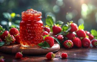 ai generato fragola marmellata nel vaso e fresco fragole su di legno tavolo foto