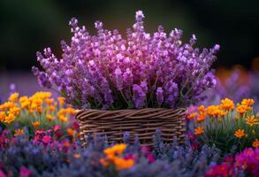 ai generato lavanda fiori nel il cestino. lavanda è cresciuto nel un' di vimini cestino nel un' campo con altro fiori foto