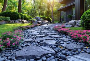 ai generato il roccia giardino e bellissimo fiore nel il parco foto