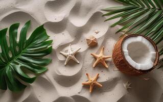 ai generato un' tranquillo spiaggia composizione con un' Monstera foglia, totale noci di cocco, e un stella marina su sabbia fondale foto