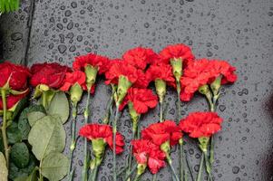 rosso garofano fiori e Rose siamo di cui su un' marmo lastra nel il pioggia foto