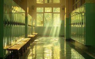 ai generato mattina luce del sole flussi attraverso grande finestre su lucido verde armadietti e lucidato panchine foto