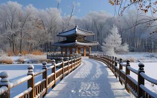 ai generato un' sereno inverno scena cattura un' tradizionale coreano pagoda coperto nel neve foto