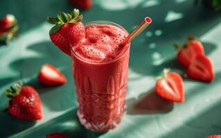 ai generato un' bicchiere di fragola succo con un' cannuccia nel esso foto