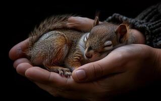 ai generato neonato scoiattolo annidato nel mani foto