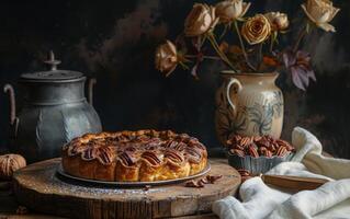 ai generato rustico pecan torta ancora vita foto