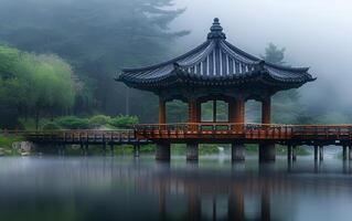 ai generato sereno in riva al lago pagoda foto