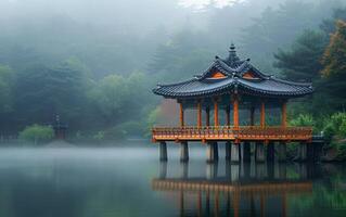 ai generato nebbioso in riva al lago pagoda foto