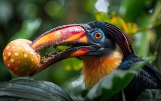 ai generato vivace tucano banchettare su frutta nel lussureggiante verdura foto