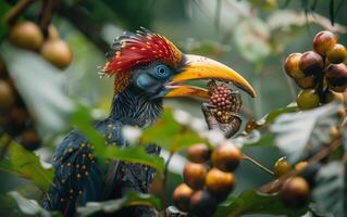 ai generato colorato uccello banchettare su frutti di bosco foto