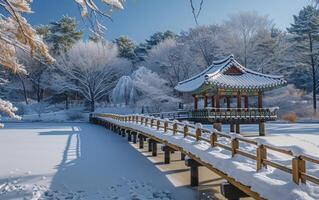 ai generato un' sereno inverno scena cattura un' tradizionale coreano pagoda coperto nel neve foto