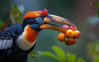 ai generato colorato tucano banchettare su frutti di bosco foto