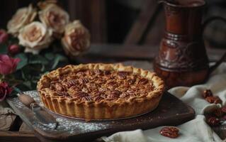 ai generato un' appena al forno pecan torta trasuda casalingo fascino, impostato contro un' fondale di morbido Rose foto