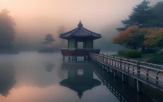 ai generato un' tranquillo orientale padiglione posatoi al di sopra di un' vetroso lago, avvolto nel mattina nebbia foto