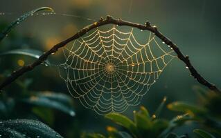 ai generato un' macro fotografia cattura il luminoso bellezza di Guazza adornare un' ragno ragnatela foto