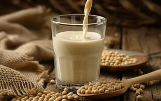 ai generato fresco soia latte essere versato in un' chiaro bicchiere con un' cucchiaio di semi di soia foto