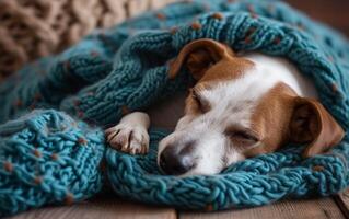 ai generato vicino su di un' tranquillo, calmo Jack russell terrier addormentato sonoramente, arricciato su nel un' accogliente alzavola a maglia coperta foto