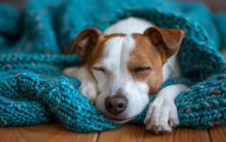 ai generato vicino su di un' tranquillo, calmo Jack russell terrier addormentato sonoramente, arricciato su nel un' accogliente alzavola a maglia coperta foto