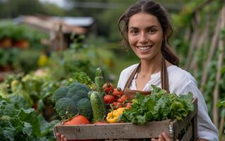 ai generato un' sorridente donna nel un' giardino, con orgoglio Tenere un' gabbia di appena raccolto verdure foto