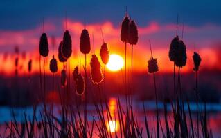 ai generato il ardente globo di il ambientazione sole si illumina intensamente dietro a staglia cattails a il acqua bordo foto