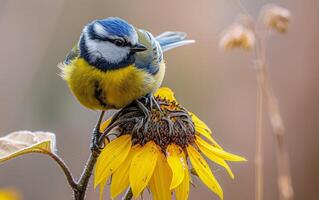 ai generato Questo artistico Immagine Caratteristiche un' blu tetta meravigliosamente integrato in un' caldo, morbido messa a fuoco sfondo con vivido girasoli foto