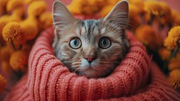 ai generato adorabile gatto avvolto nel caldo rosa maglione con fiori foto