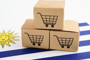 in linea acquisti, shopping carrello scatola su Uruguay bandiera, importare esportare, finanza commercio. foto