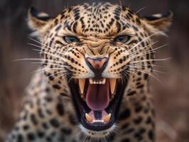 ai generato vicino su ritratto di un' leopardo con un' ruggente espressione. generativo ai foto